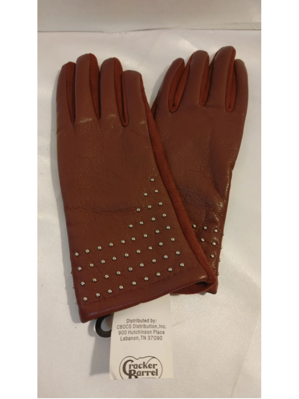 Cracker Barrel Camel Burgundy Leather Gloves w. Studs NWT